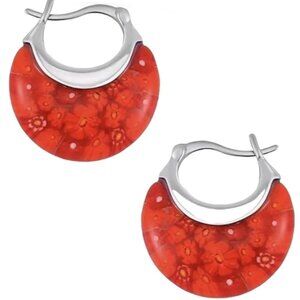 Red Murano Style Glass Hoop Earrings for Women Daisy Flower Stainless Steel